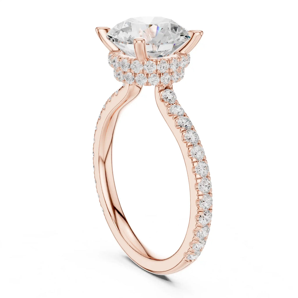 Solitaire Diamond Ring with Double Halo and Pavé Band