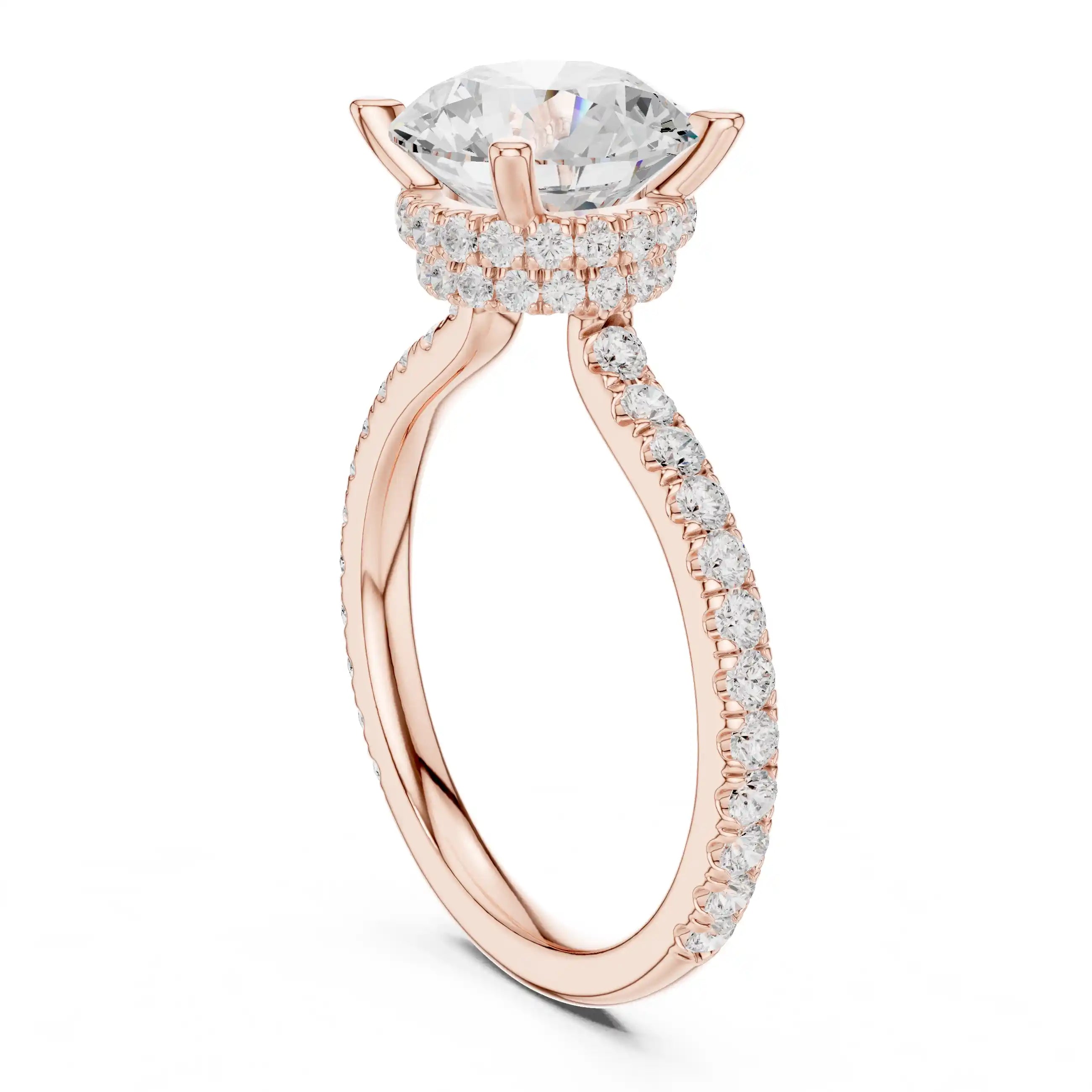 Solitaire Diamond Ring with Double Halo and Pavé Band