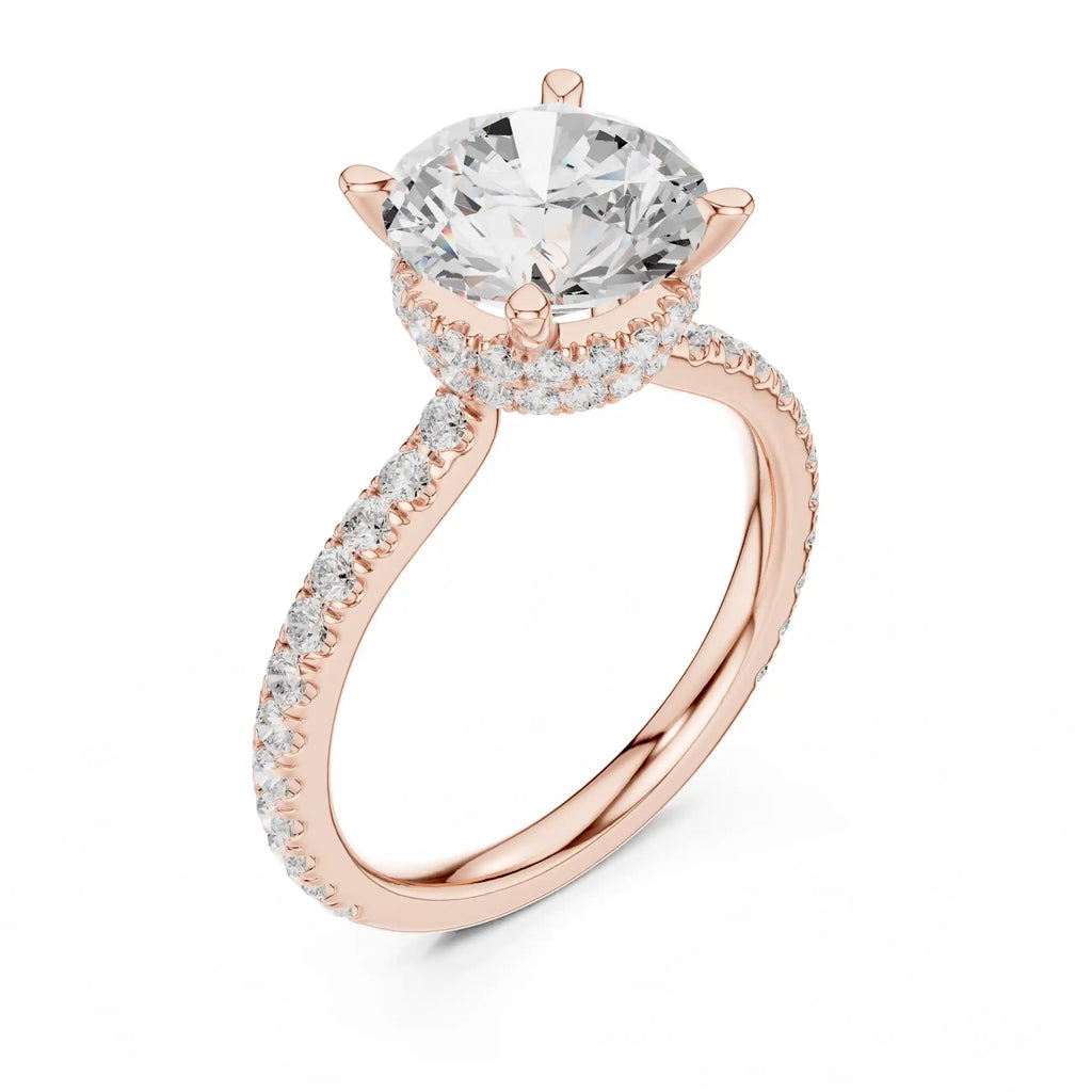 Solitaire Diamond Ring with Double Halo and Pavé Band
