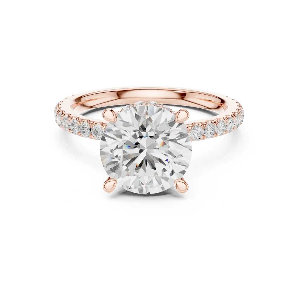 Solitaire Diamond Ring with Double Halo and Pavé Band