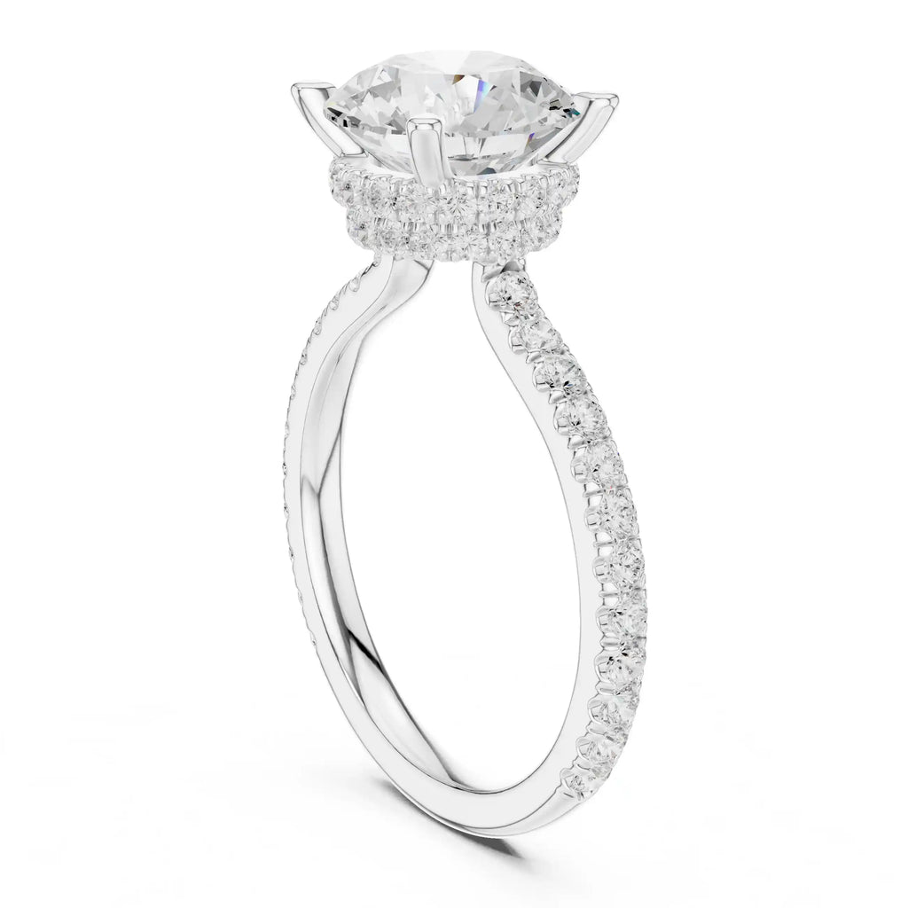 Solitaire Diamond Ring with Double Halo and Pavé Band