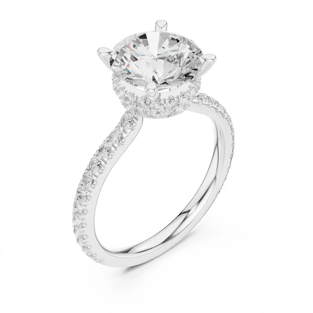 Solitaire Diamond Ring with Double Halo and Pavé Band