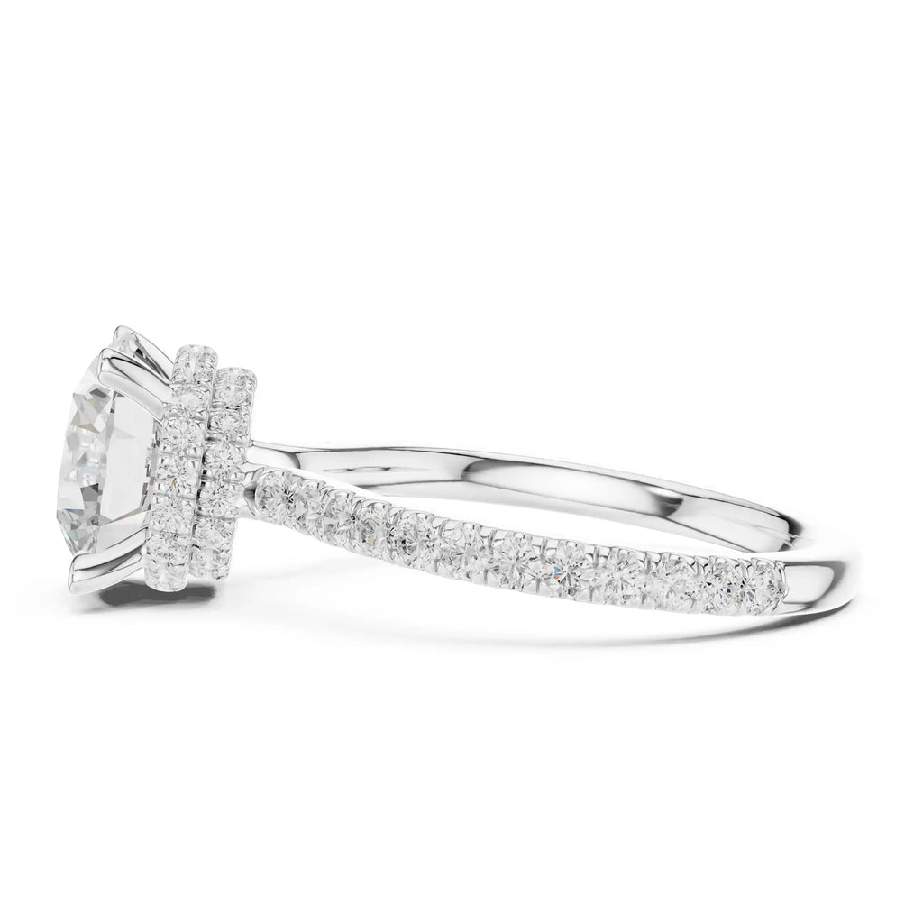 Solitaire Diamond Ring with Double Halo and Pavé Band
