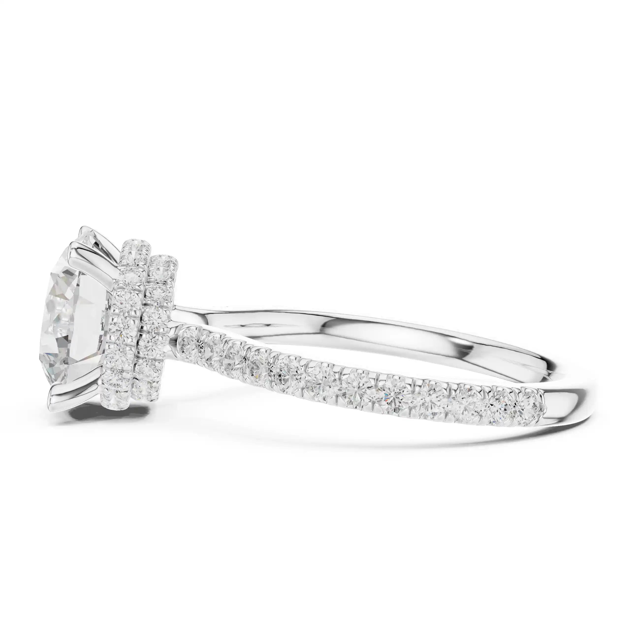 Solitaire Diamond Ring with Double Halo and Pavé Band