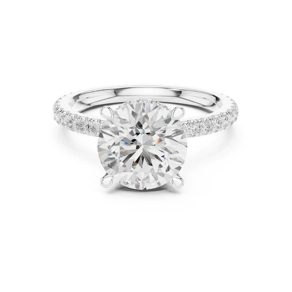 Solitaire Diamond Ring with Double Halo and Pavé Band