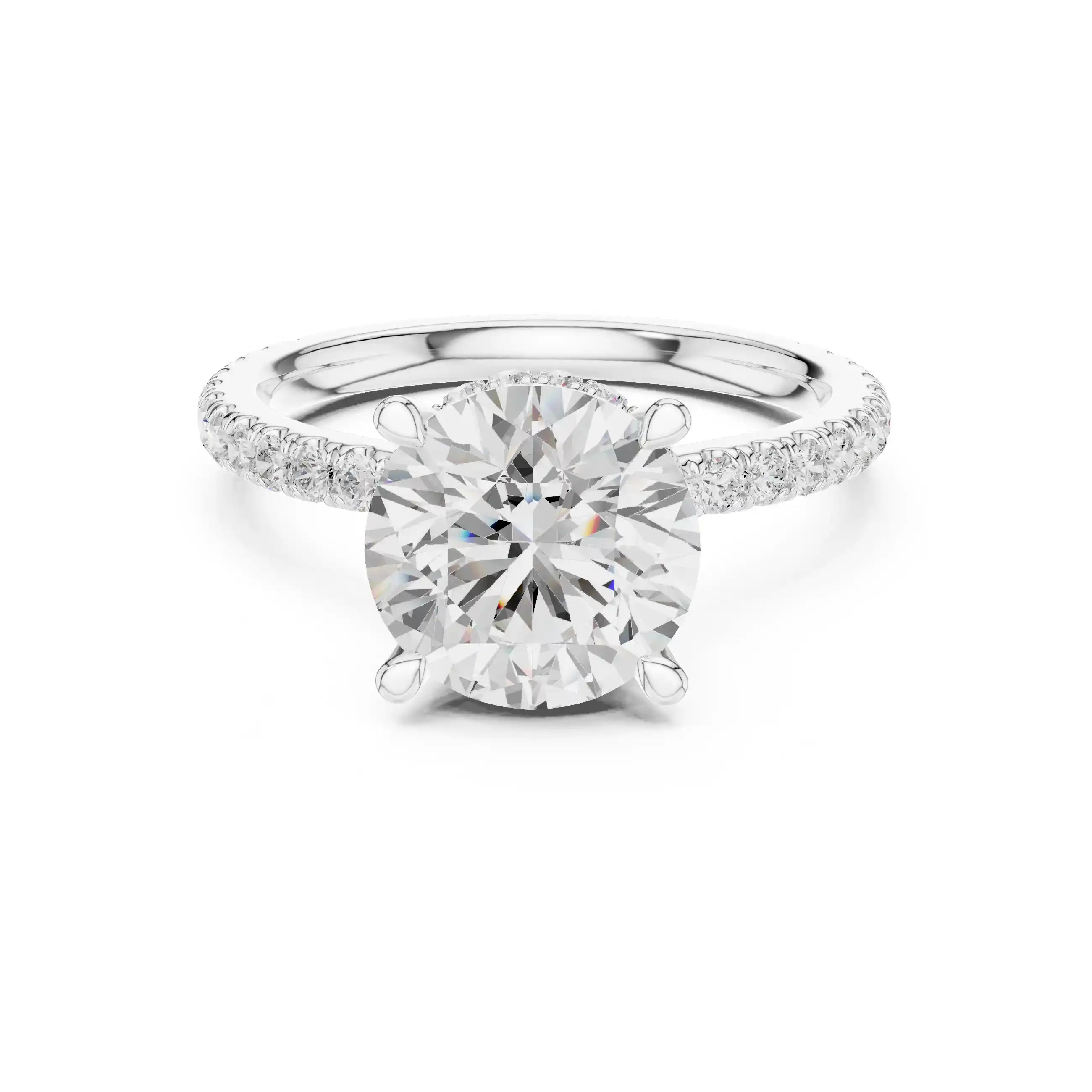 Solitaire Diamond Ring with Double Halo and Pavé Band