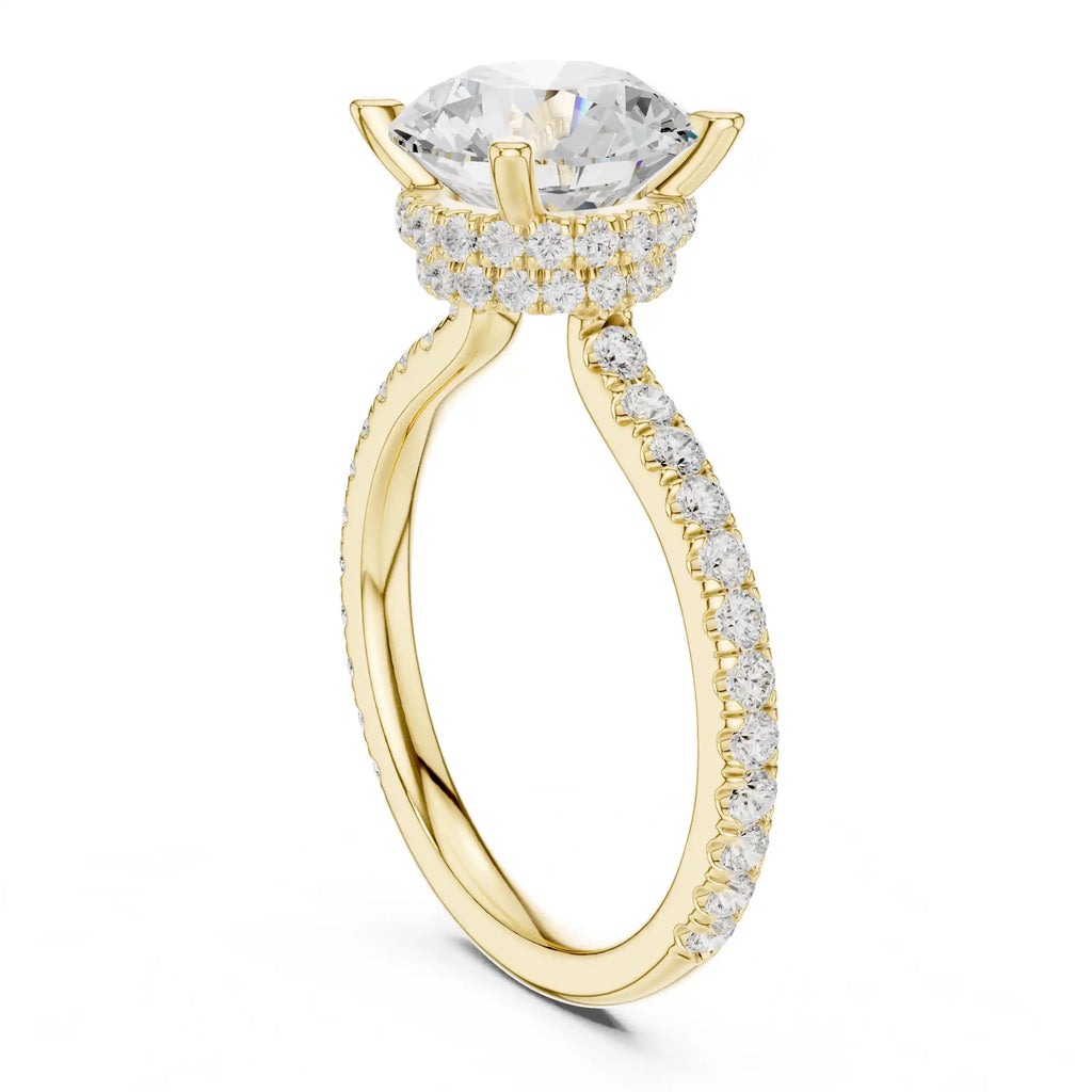 Solitaire Diamond Ring with Double Halo and Pavé Band