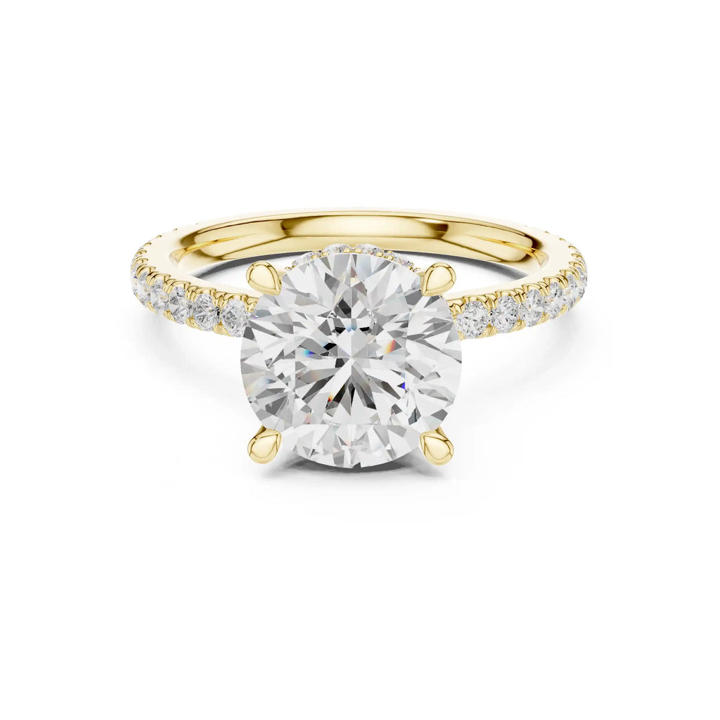 Solitaire Diamond Ring with Double Halo and Pavé Band