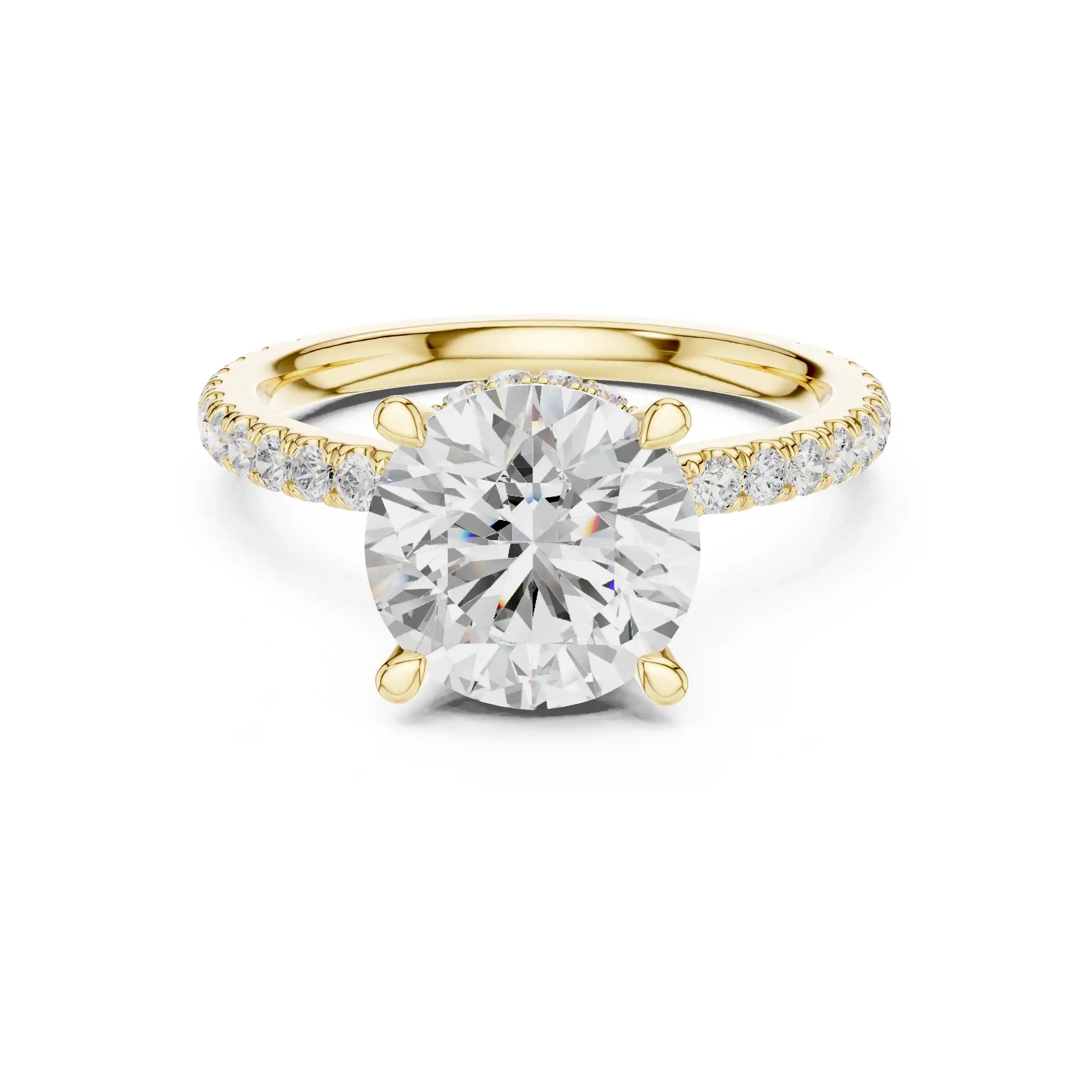 Solitaire Diamond Ring with Double Halo and Pavé Band