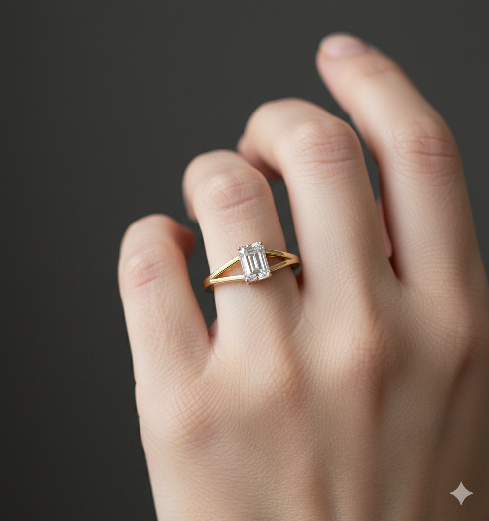 Gold ring with a diamond on a hand against a dark background